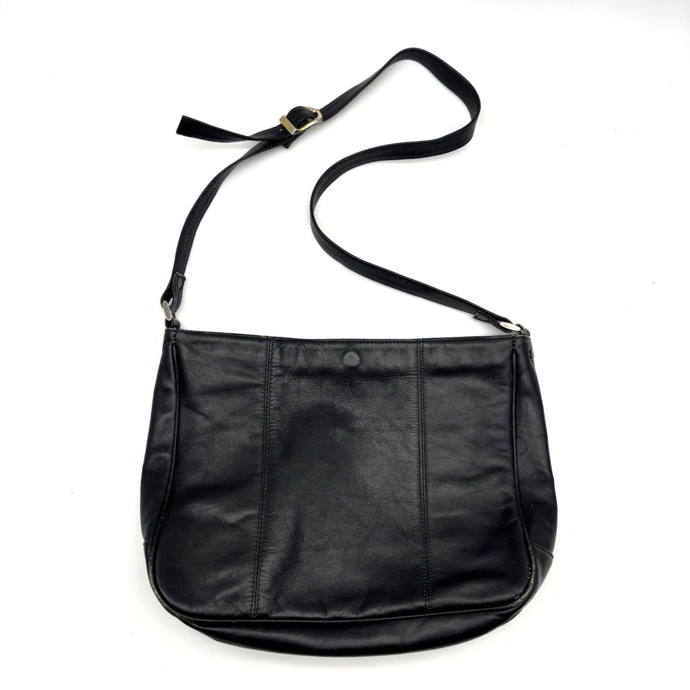 1970s Black Genuine Leather Adjustable Strap Shoulder Bag Purse 13x9" Japan Made